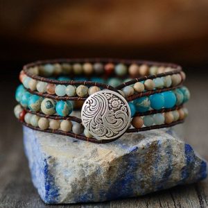 Cuff Bracelet Unique Japser Leather Wrap Bracelets Wholesale Handmade Bohemian Weaving Stone Bracelet Jewelry