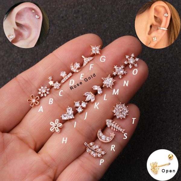 1Piece 20g Rose gold Cz Cartilage Star Flower Fish Crown Helix Piercing Jewelry Tragus Stud Conch Earring