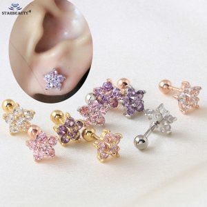 316l Surgical Steel With Clear Gem Zircon Flower Ear Tragus Bar Cartilage Earring Stud Piercing Fashion Jewelry For Sexy Girls