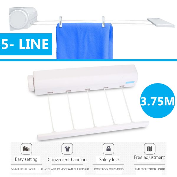 3.75M Retractable Hanging Rack 5 Line Wall Mounted White for Laundry Dry Clothes