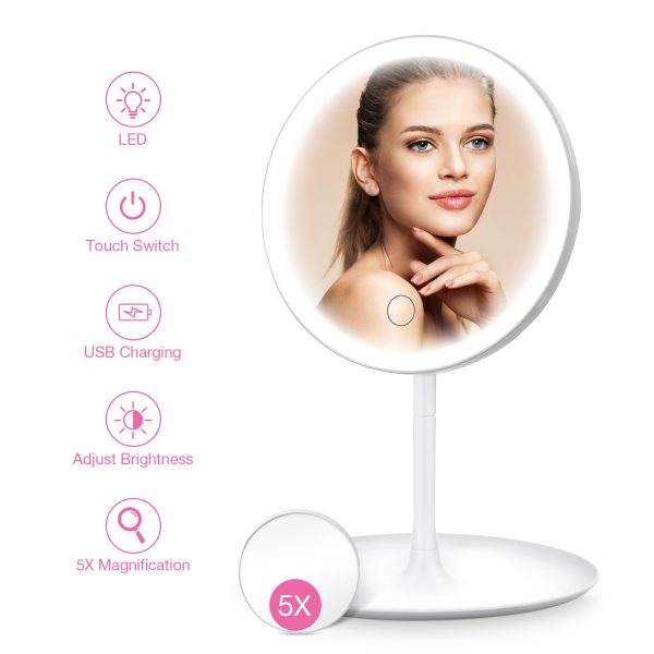 HOCOSY LED Lighted Makeup Mirror 3 Color Detachable 5X Magnification Mirror with Storage Tray