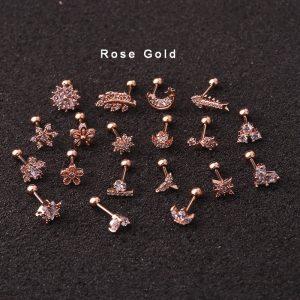 1Piece 20g Rose gold Cz Cartilage Star Flower Fish Crown Helix Piercing Jewelry Tragus Stud Conch Earring