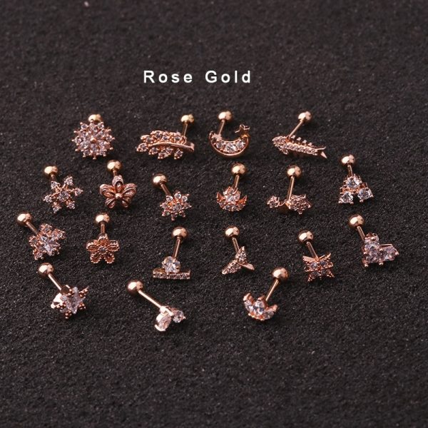 1Piece 20g Rose gold Cz Cartilage Star Flower Fish Crown Helix Piercing Jewelry Tragus Stud Conch Earring