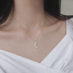 925 Sterling Silver Pavé Crystal Moon Pendant 14k Gold Clavicle Chain Necklace Women Simple Temperament Wedding Jewelry