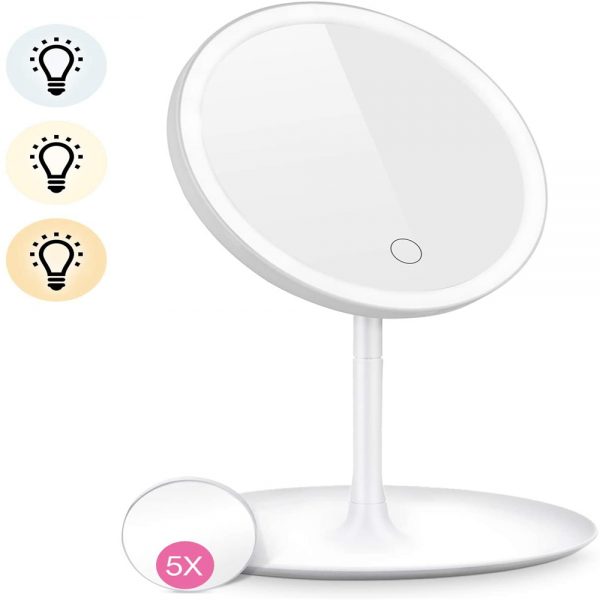 HOCOSY LED Lighted Makeup Mirror 3 Color Detachable 5X Magnification Mirror with Storage Tray