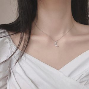 925 Sterling Silver Pavé Crystal Moon Pendant 14k Gold Clavicle Chain Necklace Women Simple Temperament Wedding Jewelry