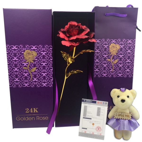 24K Gold Plated Rose Flower Valentine's Day Birthday Gifts with Cute Teddy Bear Decorations