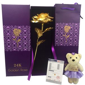 24K Gold Plated Rose Flower Valentine's Day Birthday Gifts with Cute Teddy Bear Decorations