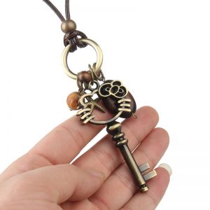 Women's Vintage Wax Rope Sweater Chain Kitty Key Pendant Necklace Valentine's Day Gift