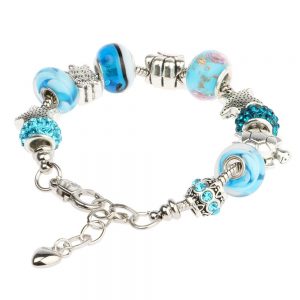 Fashion Women Girl Jewelry Ocean Shell Blue Crystal Glass Beads Chain Bangle Bracelet Birthday Christmas Valentines Day Gift