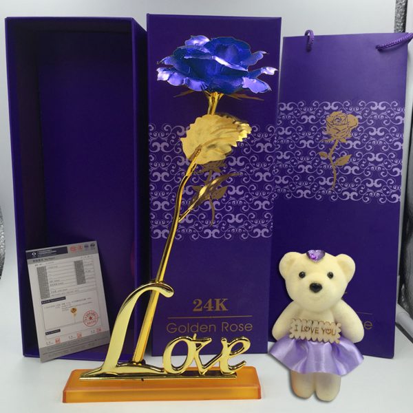 24K Gold Plated Rose Flower Valentine's Day Birthday Gifts with Cute Teddy Bear Decorations
