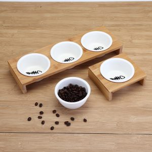 Elevated Dog Cat Bamboo Pet Feeder Ceramic Bowl Raised Stand 3 Sizes Durable