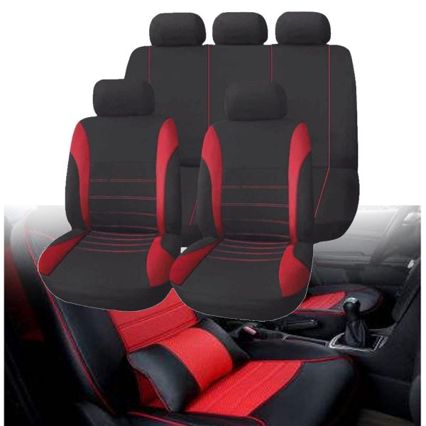 Universal Polyester Car Seat Cover Protector Full Set Front Back Headrest Red+Black