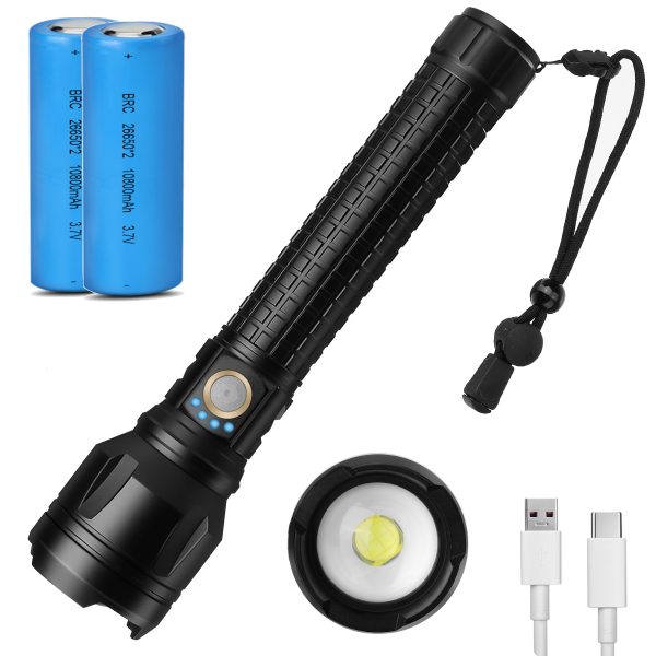XHP90 9000LM High Lumen Zoomable Flashlight Set With 2x 26650 Battery, CAMTOA Rechargeable&Power Indicator Strong LED Torch Emergency For Home Outdoor