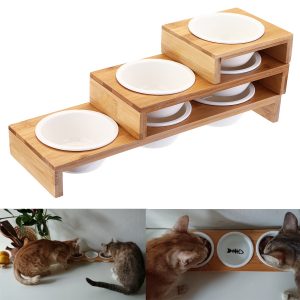 Elevated Dog Cat Bamboo Pet Feeder Ceramic Bowl Raised Stand 3 Sizes Durable