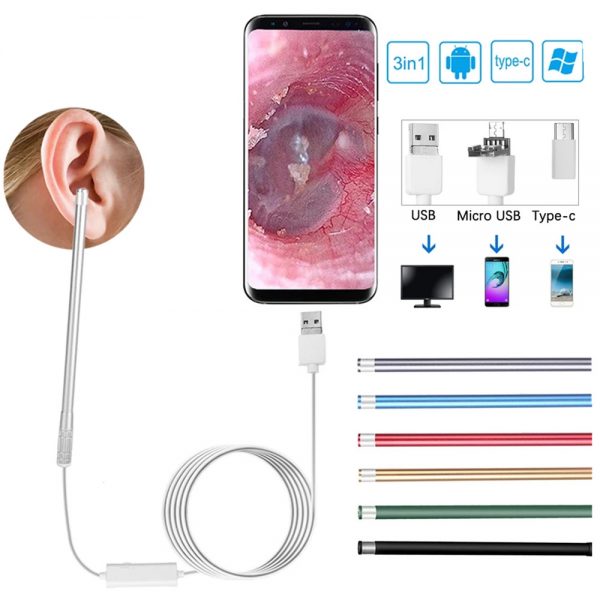 Ear Cleaning Endoscope 3 in 1 Visual Ear Spoon Multifunctional Earpick 5.5mm HD Camera Ear Mouth Nose Otoscope for Android PC