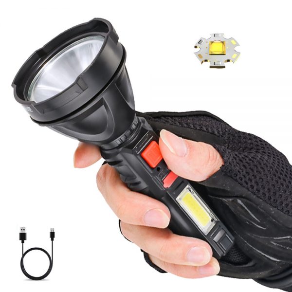 XANES® 2000lm Long Shoot Strong OSL Flashlight with COB Sidelight USB Rechargeable Portable LED Torch Powerful Spotlight Come with 18650 Battery USB Cable
